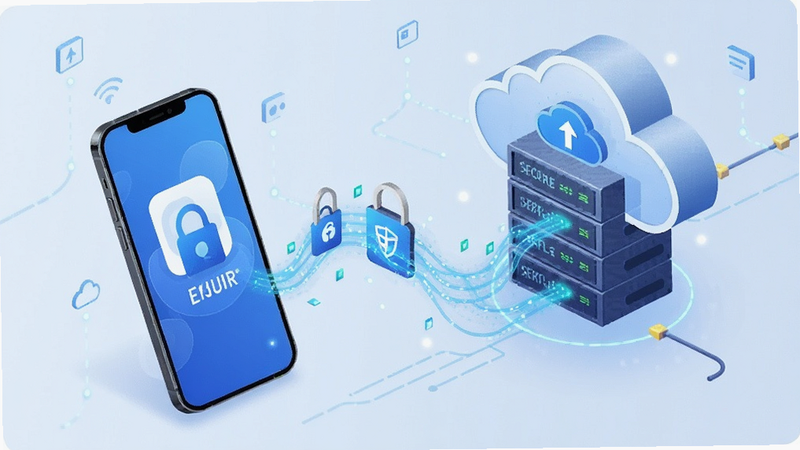 star baoge app cloud sync feature illustration, smartphone connecting to cloud server via blue lines, secure data flow visualization