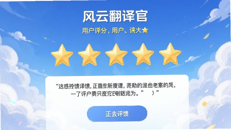 风云翻译官用户评分界面,五星好评图标,正面反馈文字