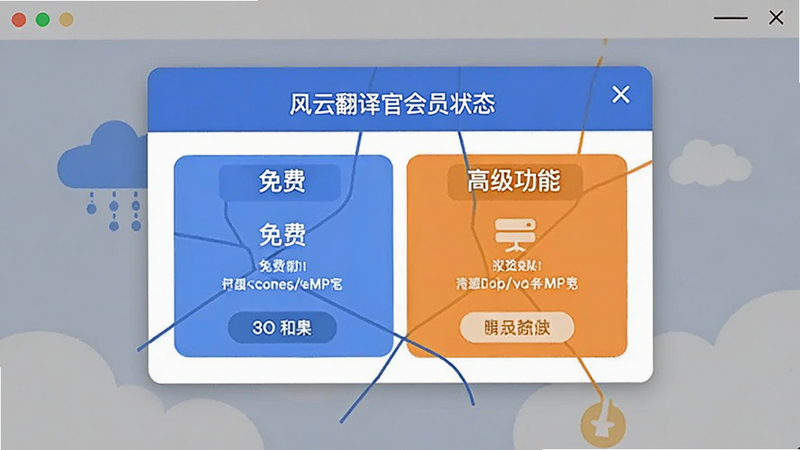 风云翻译官会员状态提示窗口,显示免费与高级功能对比,扁平设计
