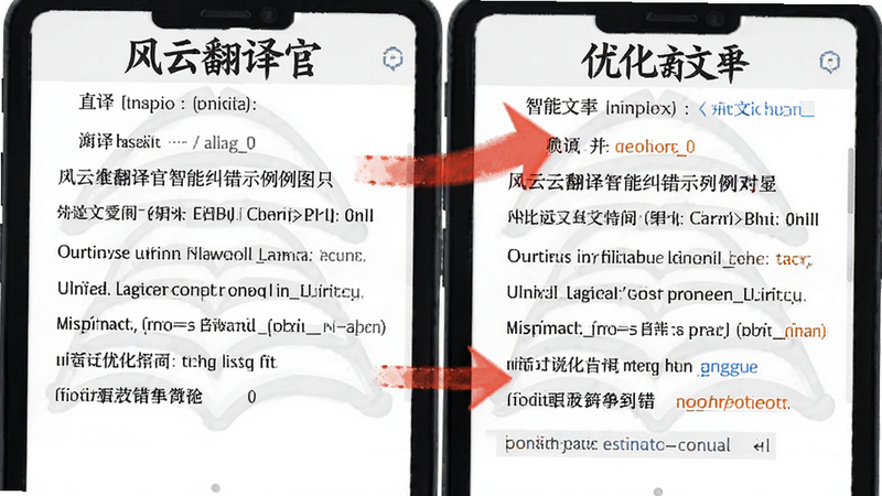 风云翻译官智能纠错示例对比图,左侧直译文本右侧优化文本,箭头指向优化结果