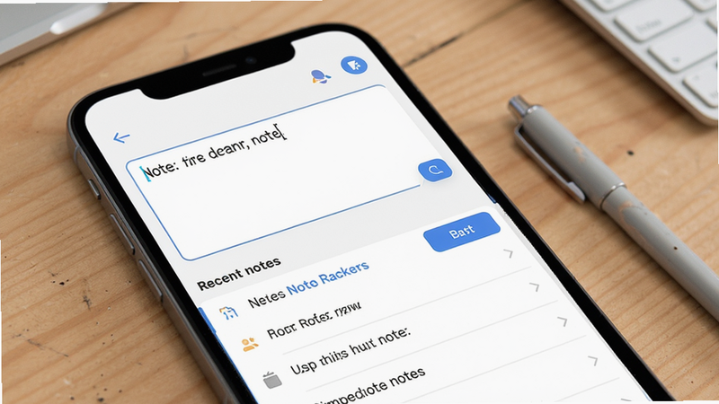 NoteDraft app interface showing a clean minimalist note-taking screen with a large text input area and a simple list view of recent notes, flat design style, white background, blue accent buttons, high quality UI mockup