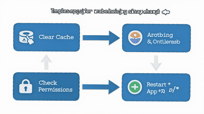NoteDraft app troubleshooting flowchart, showing steps like 'Clear Cache', 'Check Permissions', 'Restart App', with icons and arrows, clean vector graphic style