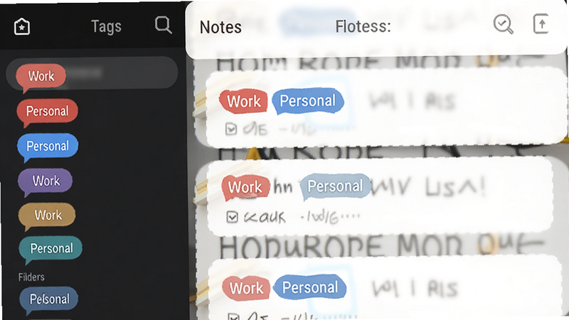 NoteDraft app screenshot displaying notes with colorful tags like 'Work' in red and 'Personal' in blue, a sidebar showing tag filters, clean typography, modern mobile UI