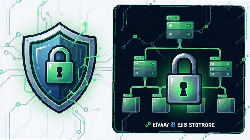 NoteDraft app privacy shield icon next to a local storage file structure diagram, secure lock symbol, green accent color, tech illustration style