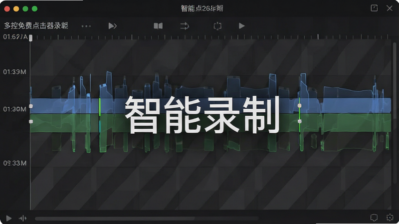 多控免费点击器录制界面,显示时间轴与关键帧标记,背景为半透明网格,文字“智能录制”,现代简约风格