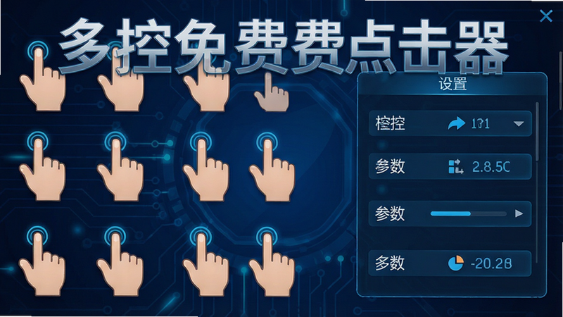 多控免费点击器app界面展示,左侧显示多个手指图标排列,右侧显示参数设置面板,背景为深蓝色科技风格,文字“多控免费点击器”清晰可见,简洁UI设计,高清画质