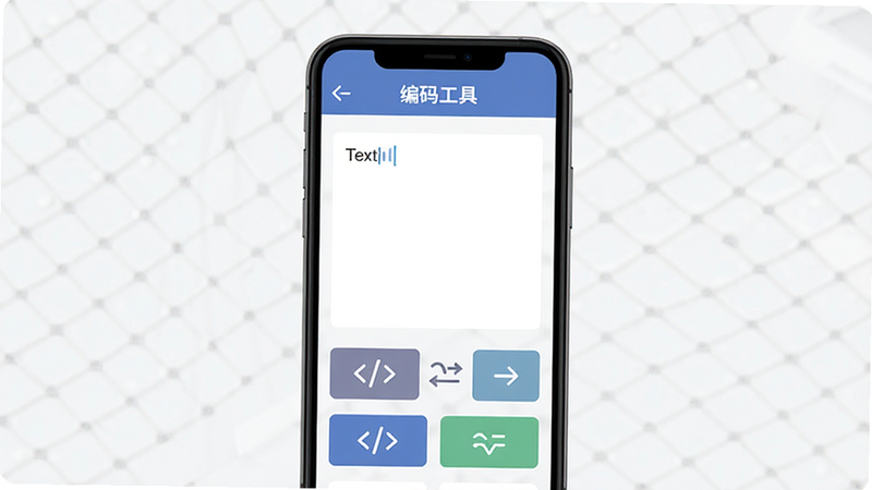 主体为一部现代智能手机,屏幕中央显示“编码工具”APP界面,布局简洁,上方为标题栏,中间为文本输入区,下方为功能按钮区,风格为极简扁平化UI,细节包含代码符号与转换箭头图标,画质高清,干净,无多余元素