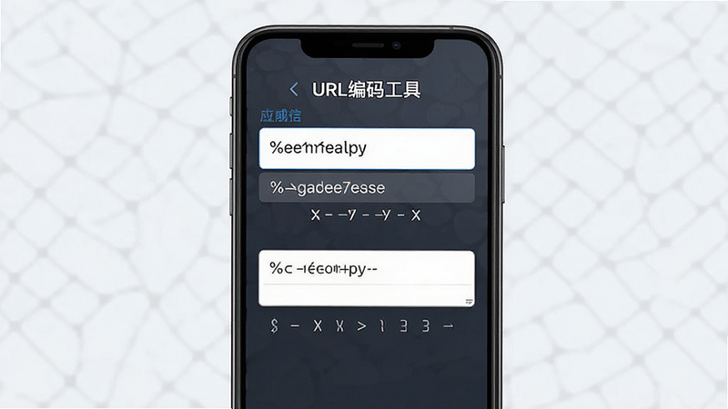 手机界面展示“URL编码工具”功能模块,主体为输入框与输出框,布局上下对称,风格简约商务,细节包含百分号编码示例文本,画质细腻,干净,无多余元素