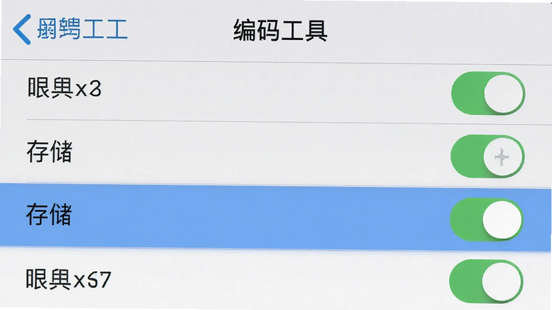 手机设置界面截图,显示“编码工具”的权限管理页面,主体为权限开关列表,布局纵向排列,风格系统原生风,细节高亮“存储”权限开关,画质清晰,干净,无多余元素