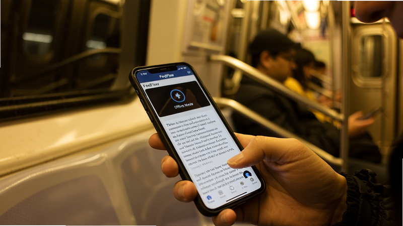 A person reading an article on a smartphone in a subway train setting. The screen shows the FeedFlow app with text loaded offline. Style: Realistic photography, warm lighting. Details: Focus on the phone screen showing