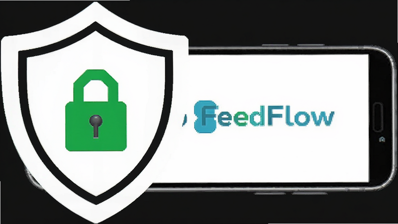 A shield icon protecting a smartphone displaying the FeedFlow logo. Style: Minimalist, tech-oriented. Details: Green lock symbol on the phone screen, dark background. Quality: High contrast, professional graphic design, clean lines.