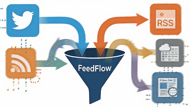 A graphic illustration showing data streams from various sources like Twitter, RSS feeds, and News sites converging into a single funnel labeled