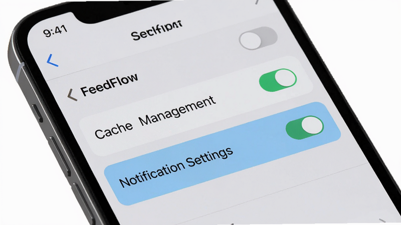 A smartphone showing the FeedFlow app settings menu with options for