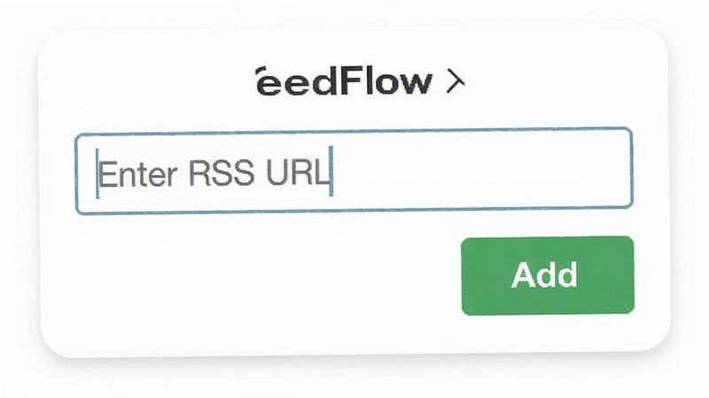 A close-up of the FeedFlow app adding a new source dialog box. Style: Flat design, clear input field. Details: Placeholder text