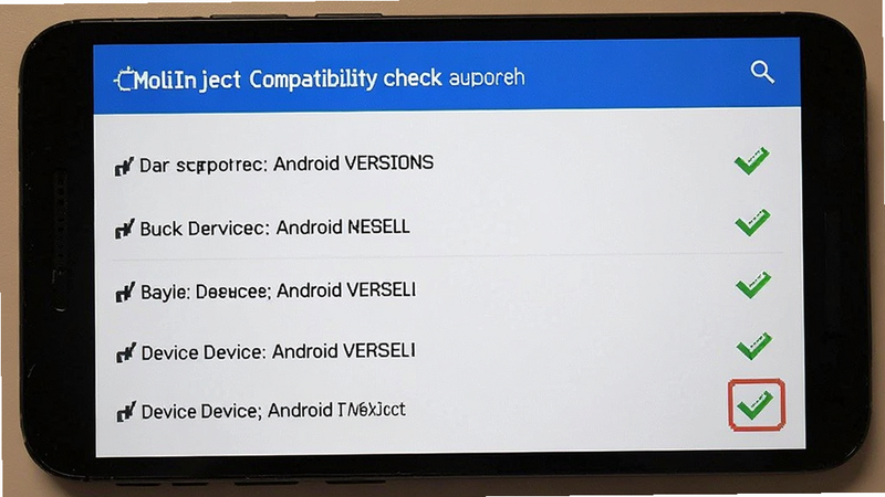 MoliInject compatibility check screen displaying a list of supported Android versions and device models, simple UI with checkmarks, white background