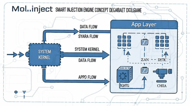 MoliInject smart injection engine concept diagram showing data flow between system kernel and app layer, technical illustration style, clean lines, blue accent color