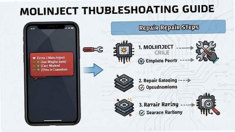 MoliInject troubleshooting guide illustration with a smartphone screen showing error messages and repair steps, instructional style, clear icons