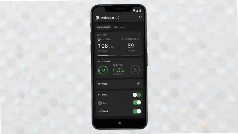 MoliInject 4.0 Android app interface showing a clean dark-mode UI with a central dashboard displaying performance metrics, injection status indicators, and settings toggles, minimalist design, high resolution