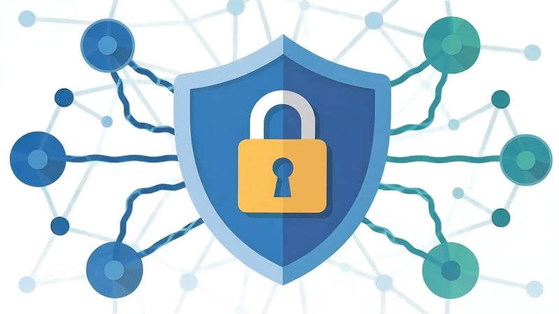 MoliInject privacy shield icon with a lock symbol, surrounded by abstract network nodes, flat design, secure and trustworthy atmosphere
