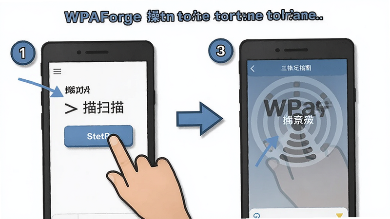 主体是WPAForge的操作教程示意图,展示点击扫描按钮的手势和界面反馈,布局为步骤指引图,排版清晰,风格为教程插画风,细节包含箭头指引和步骤编号,画质高清,干净,无多余元素