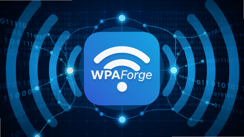 主体为WPAForge应用图标位于中央,背景是深蓝色科技网格,周围环绕着抽象的Wi-Fi信号波形和二进制代码流,布局采用中心对称,排版清晰,风格为现代扁平化UI,细节包含发光的连接节点,画质高清,干净,无多余元素