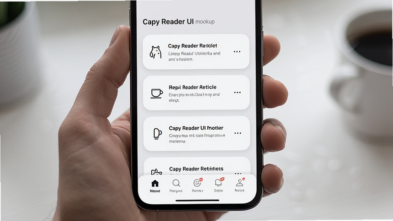 Capy Reader UI mockup showing a clean article list with minimal icons, soft rounded corners on cards, intuitive navigation bar at the bottom, modern smartphone display context
