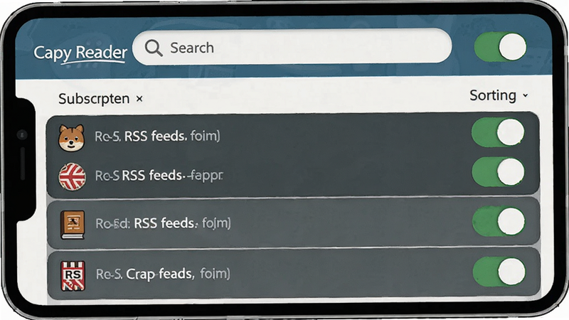 Illustration of Capy Reader subscription management screen, showing a list of added RSS feeds with small favicons, search bar at the top, user-friendly toggle switches for sorting
