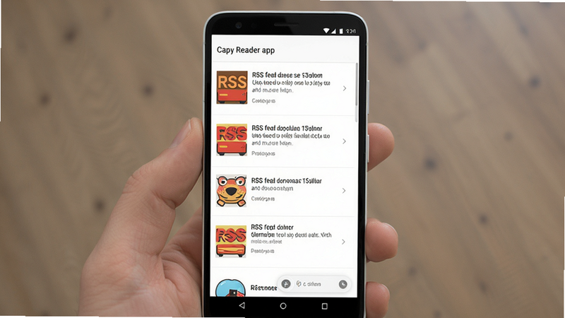 Capy Reader app interface on Android phone, minimalist design, clean white background with subtle gray accents, list of RSS feed articles displayed in a vertical scrollable layout, modern flat UI style, high resolution, no clutter