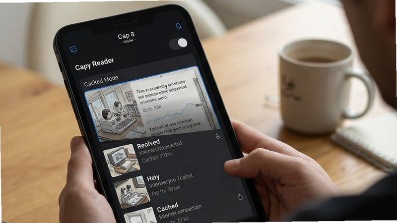Visual representation of offline reading mode in Capy Reader, showing a dark mode toggle and cached articles list, emphasizing reliability without internet connection