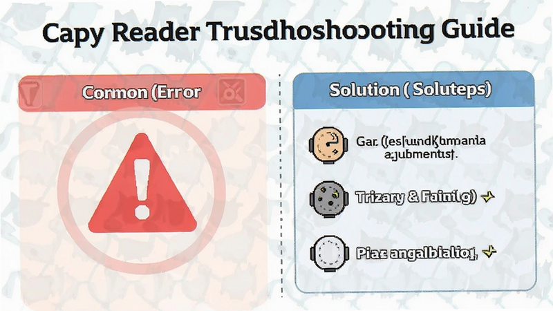 Capy Reader troubleshooting guide visual, showing common error icons and solution steps in a clean infographic style
