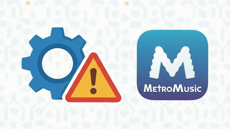 Smartphone troubleshooting illustration, gear icon, warning triangle, MetroMusic app icon, clean vector style, flat design