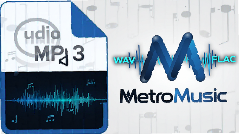 Audio file icons representing MP3 WAV FLAC formats next to MetroMusic logo, digital waveform visualization, blue accent colors, tech illustration style