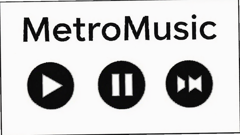 MetroMusic minimal UI screenshot, white background, simple icons for play pause next previous, clean typography, vector art style