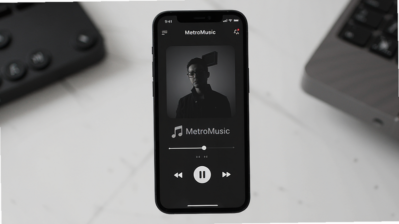 MetroMusic app interface on a smartphone screen, minimalist design, dark mode theme, music player controls visible, clean layout, high resolution, realistic style