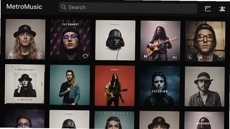 Music library grid view with album covers, search bar at top, MetroMusic app header, organized by genre, colorful thumbnails, realistic photo style