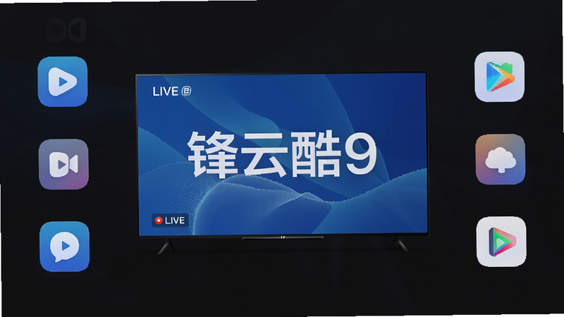 锋云酷9应用主界面预览,深色背景,中央显示高清电视直播画面,四周环绕流畅的UI图标,现代简约风格,高清晰度,干净无多余元素