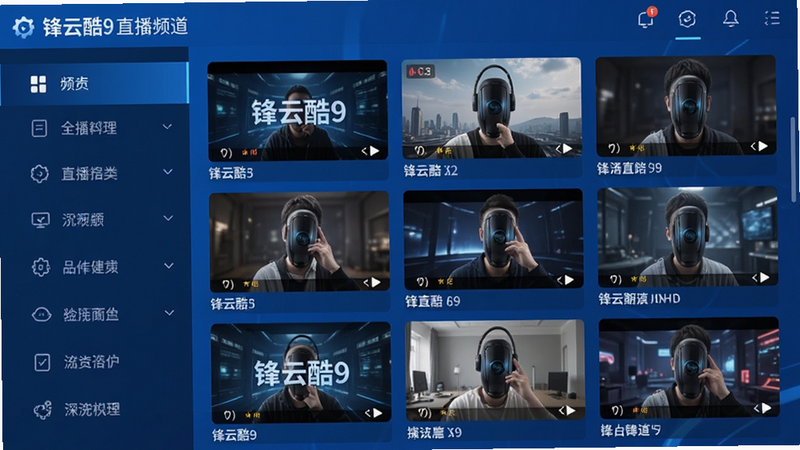 锋云酷9直播频道列表界面,左侧为频道分类导航,右侧为高清视频缩略图网格,蓝色调UI设计,细节清晰