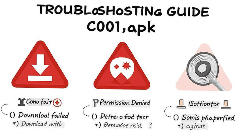 troubleshooting guide for c001apk, showing common error icons like download failed or permission denied, with simple solution steps in text, clean infographic style, white background, clear icons