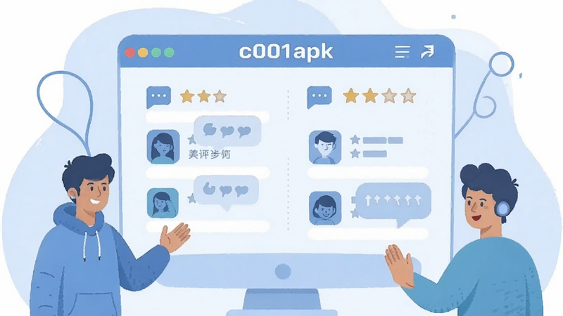 illustration of a community forum on c001apk, users discussing app features in threads, with icons for comments and ratings, friendly interface design, soft blue color palette, vector style, clean layout