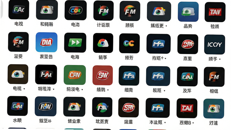 电视大全 app 频道列表界面,主体为垂直滚动的频道图标网格,布局整齐,排版紧凑,风格极简主义,细节包括每个图标下方的频道名称文字,画质高清,无多余装饰