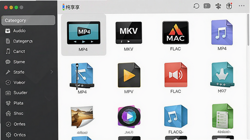 纯享APP文件管理界面,列表显示多种视频和音频文件图标,包括MP4、MKV、FLAC等格式标识,界面整洁,左侧为分类导航,右侧为文件列表,高清,清晰,无多余元素