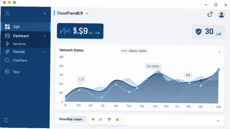CloudFlare助手软件界面预览图,展示简洁的仪表盘设计,包含网络状态图标、流量曲线图表和菜单导航栏,风格为现代扁平化UI设计,配色以深蓝与白色为主,体现科技感与安全性,高清晰度,无多余元素