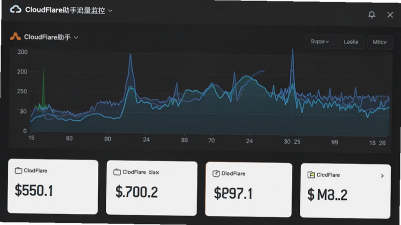 CloudFlare助手流量监控界面截图,显示动态变化的流量曲线和数字统计卡片,背景为深灰色,文字清晰可读,风格极简,强调数据准确性