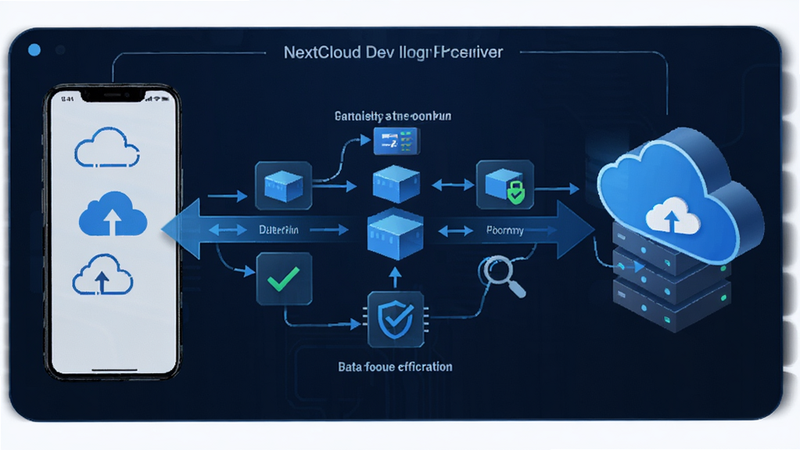 Nextcloud Dev 同步过程示意图,主体为手机与云端服务器之间的数据流,布局中心对称,排版简洁,风格科技感蓝色调,细节展示数据包流动与校验过程,画质高保真,干净,无多余元素