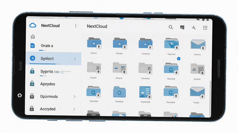 Nextcloud Dev 安卓应用界面全貌,主体为手机屏幕显示 Nextcloud 文件列表,布局清晰,左侧导航栏,右侧文件网格,风格现代扁平化,细节包含同步进度条与加密锁图标,画质 4K 高清,干净,无多余元素