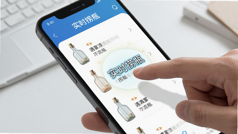 遇宴漂流瓶捞瓶功能演示,手机界面显示多个漂流瓶列表,用户正在点击其中一个,界面简洁,文字