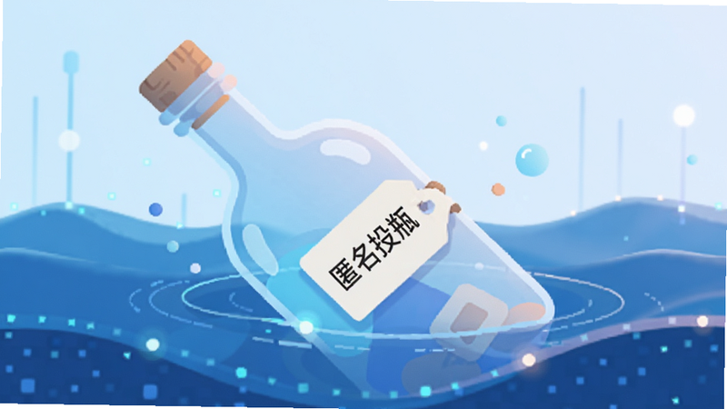 遇宴漂流瓶匿名社交示意图,抽象的漂流瓶漂浮在数字海洋中,柔和光线,极简UI,文字
