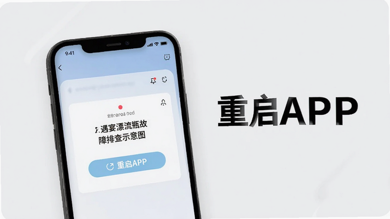 遇宴漂流瓶故障排查示意图,手机屏幕显示错误提示,文字