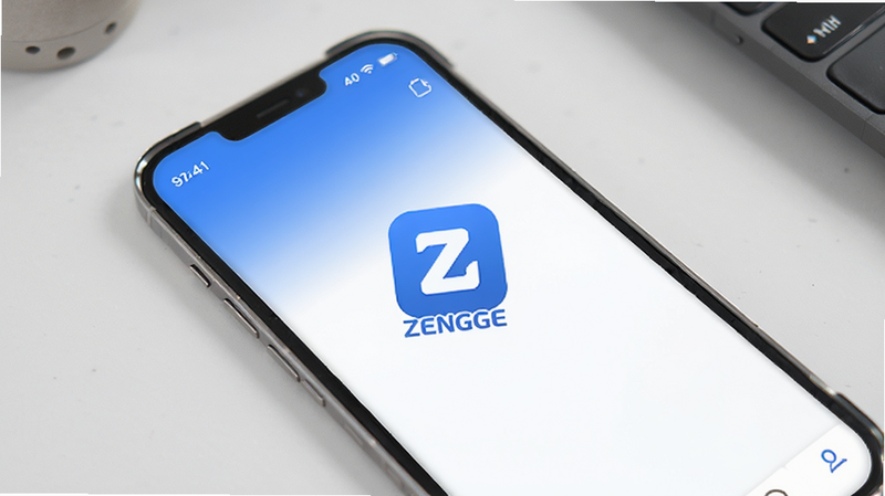 ZENGGE app interface design, clean modern UI, mobile phone screen mockup, blue and white color scheme, icon of ZENGGE logo centered, minimalist style, high resolution, 4k, no text overlay