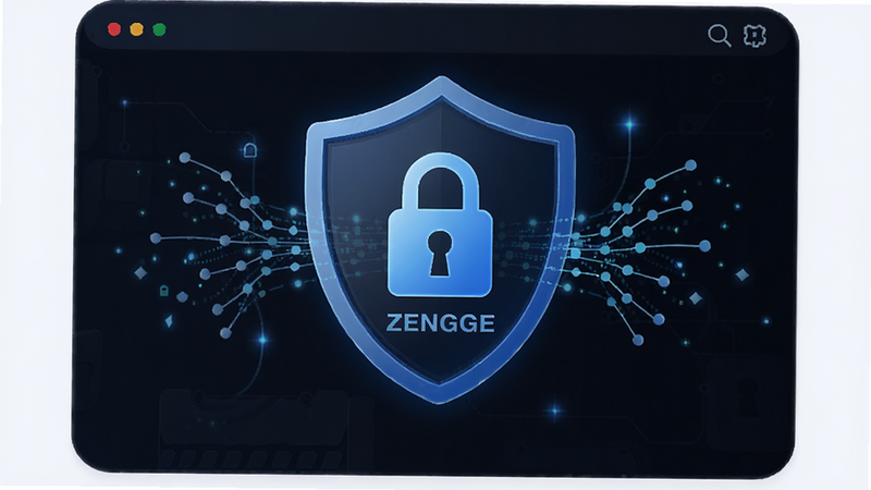 ZENGGE privacy shield icon, lock symbol, secure data flow, digital security theme, dark mode interface, professional tech illustration